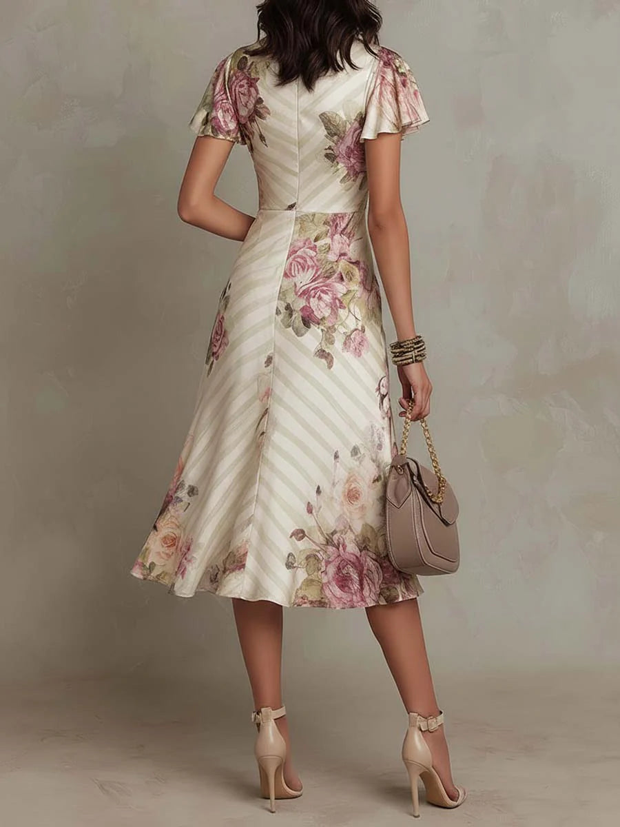 ALBA™ | Elegantes Retro Satin Midikleid mit Blumendruck