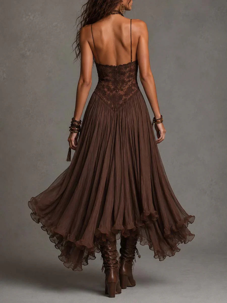 Vestido maxi de chiffon castanho-escuro com detalhes em renda