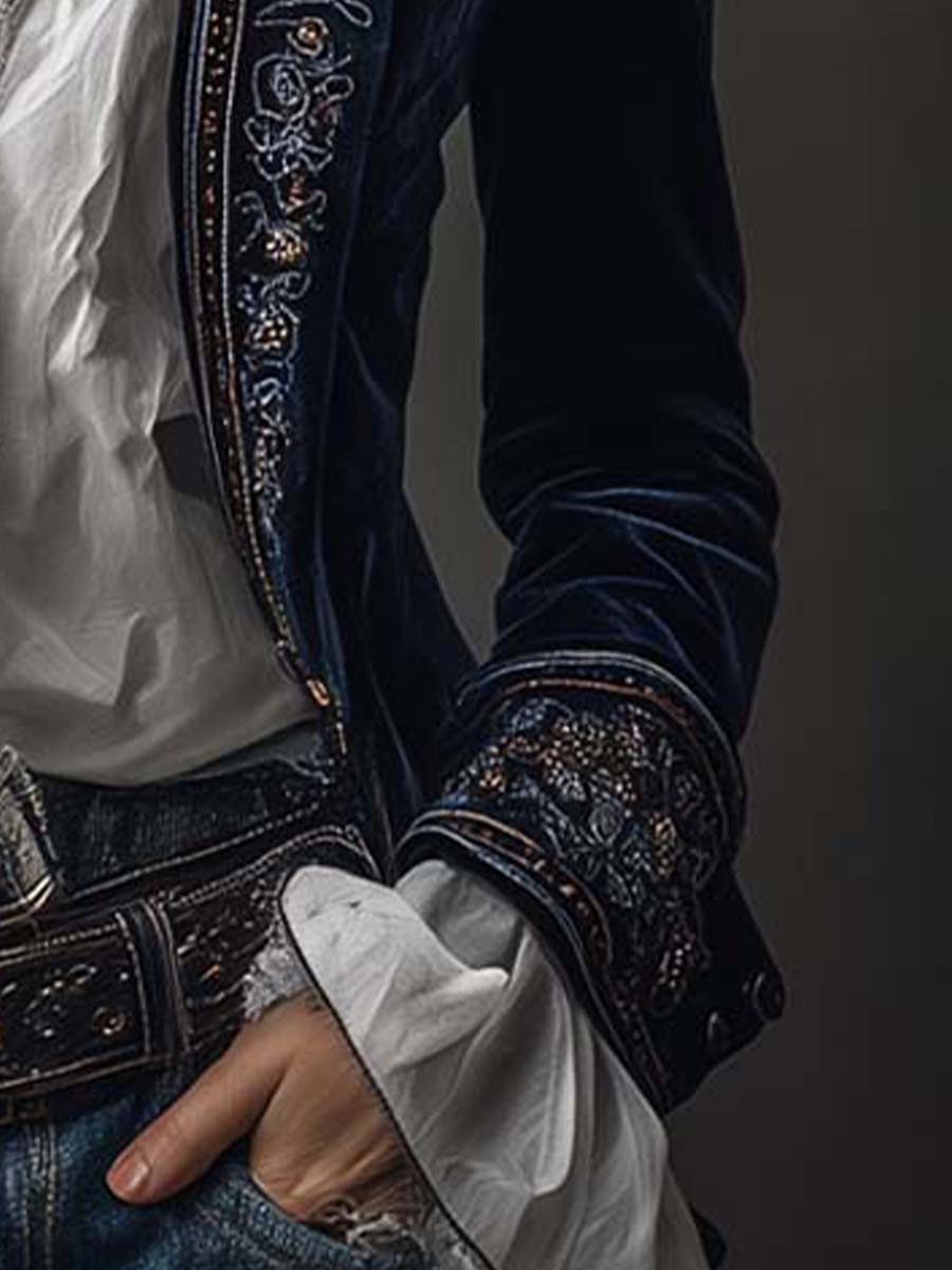 Casaco Comprido Vintage em Azul-Marinho com Bordado para Mulher