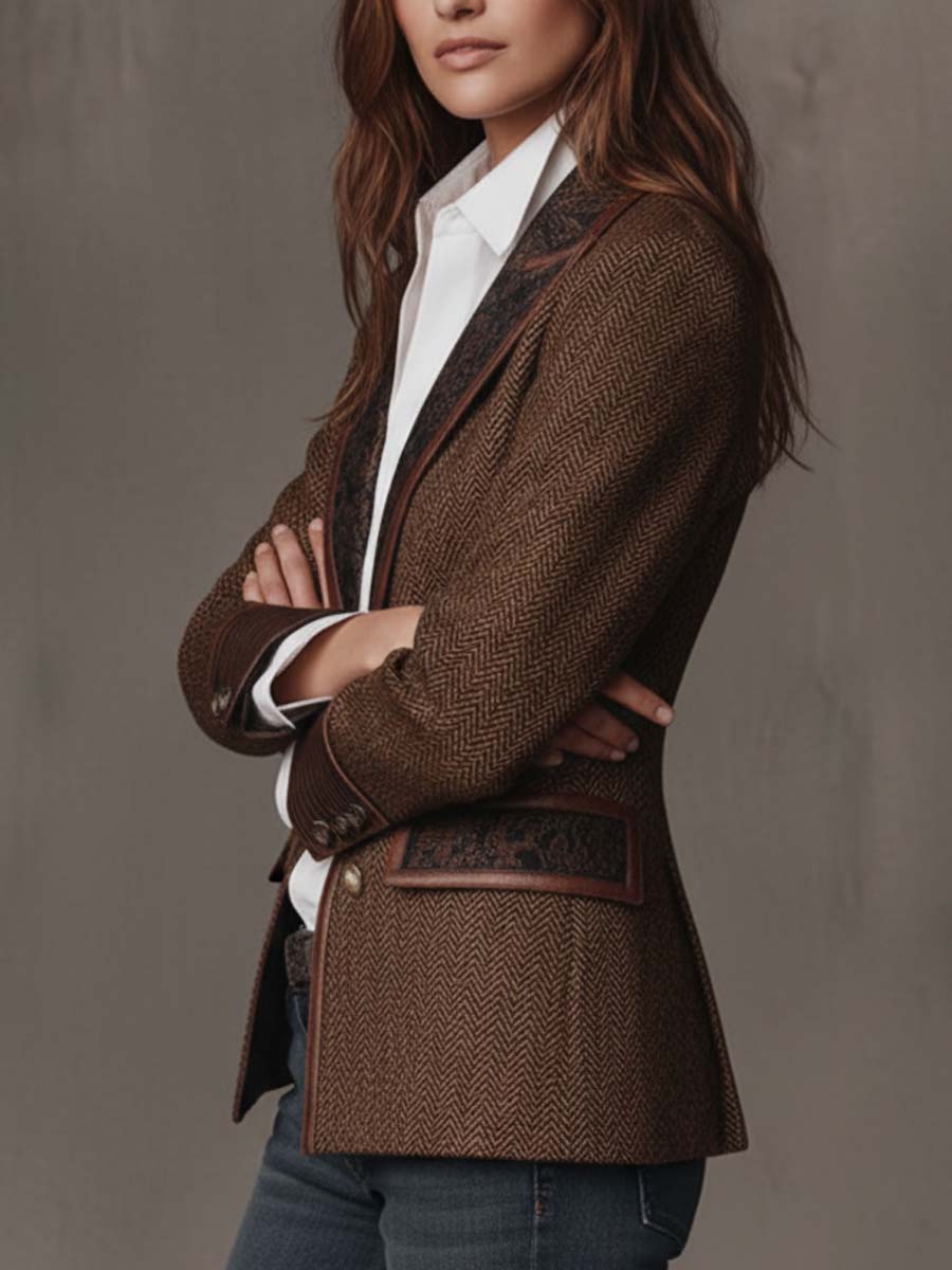 Blazer com Padrão Espinha de Peixe e Aplicações Estampadas para Mulher