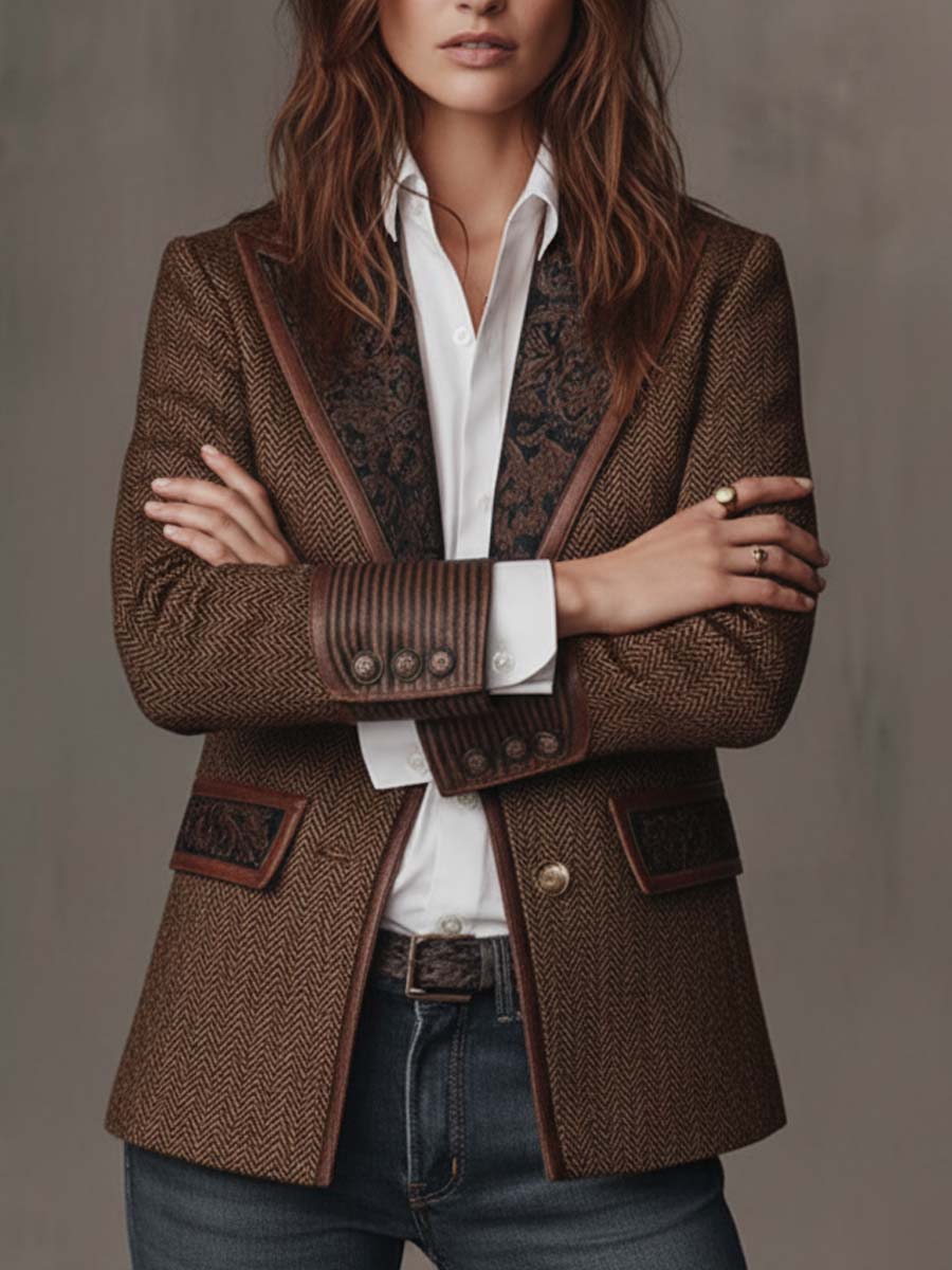 Blazer com Padrão Espinha de Peixe e Aplicações Estampadas para Mulher