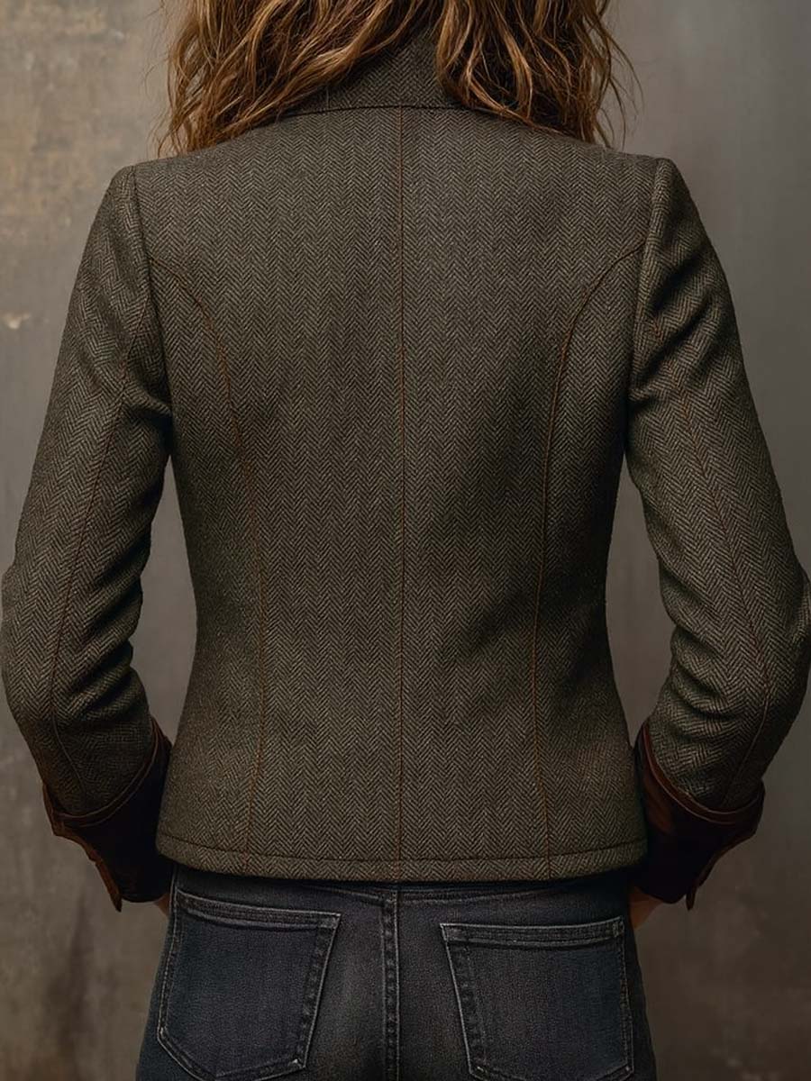 Blazer Vintage com Padrão Espinha de Peixe e Remate de Contraste para Mulher