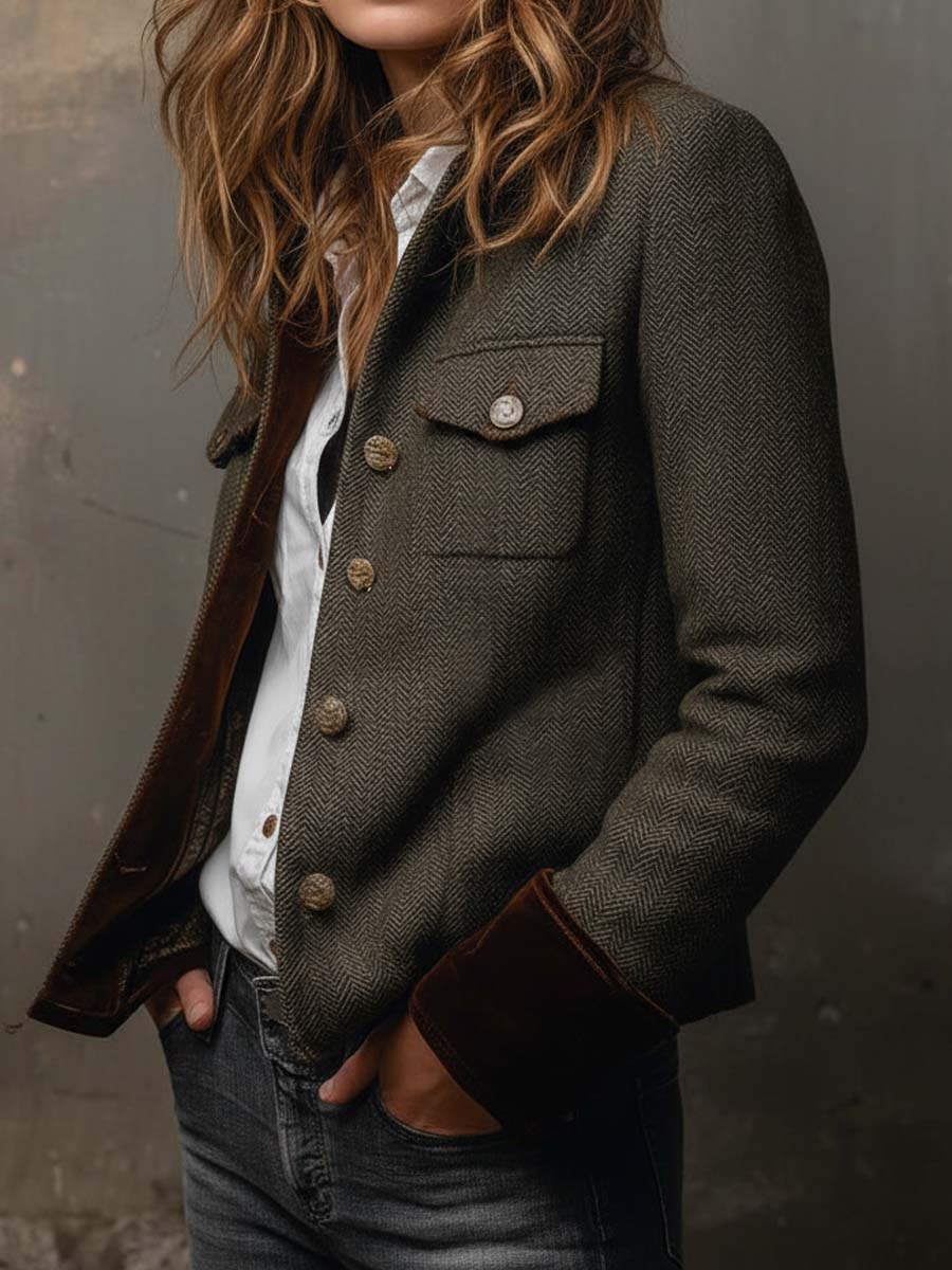 Blazer Vintage com Padrão Espinha de Peixe e Remate de Contraste para Mulher