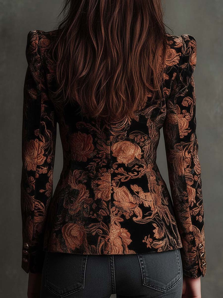 Blazer Entalhado Preto e Bronze com Padrão Floral para Mulher