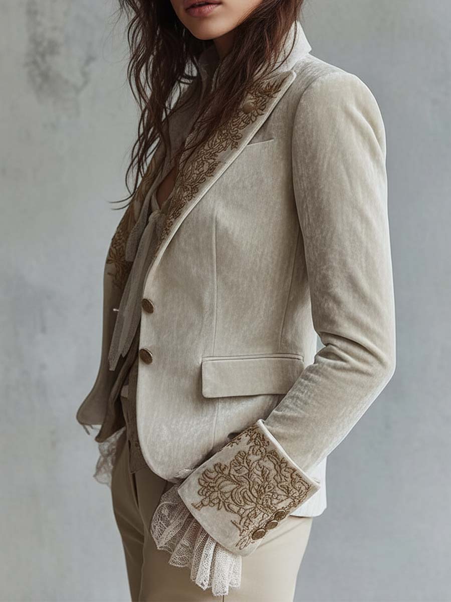 Blazer Entalhado em Marfim com Bordado para Mulher