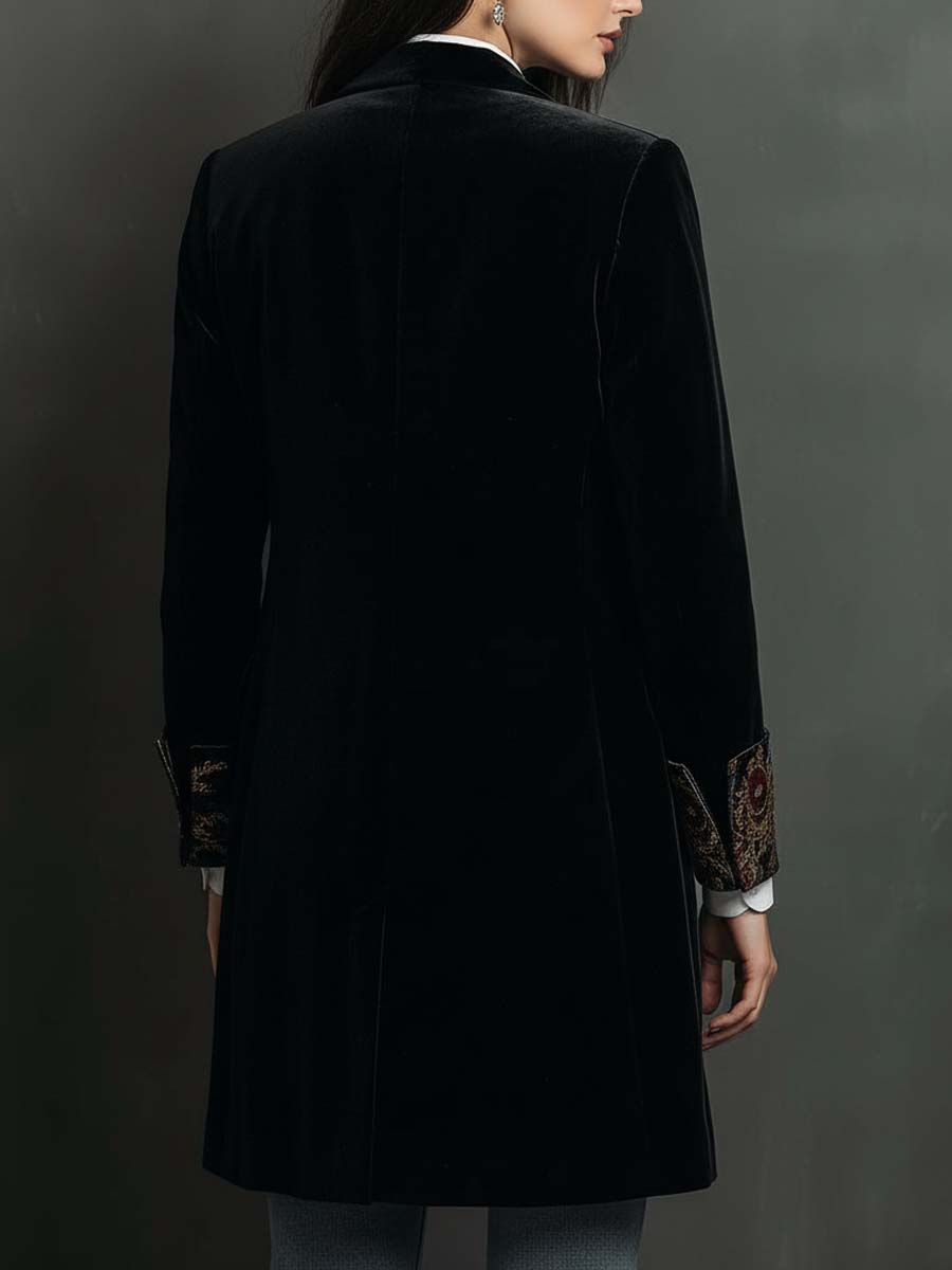 Blazer Slim-Fit Preto com Padrão Barroco e Lapela para Mulher