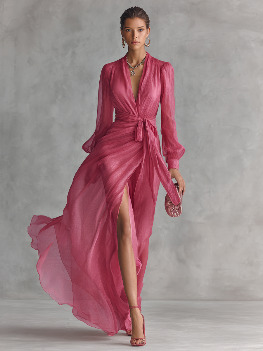 Elegantes rosafarbenes Perlen-Chiffon-Kleid mit V-Ausschnitt und langer Taille