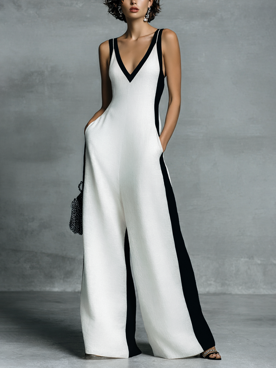 Damenmode Schwarz und Weiß Baumwolle Leinen Dünne Riemen Jumpsuit