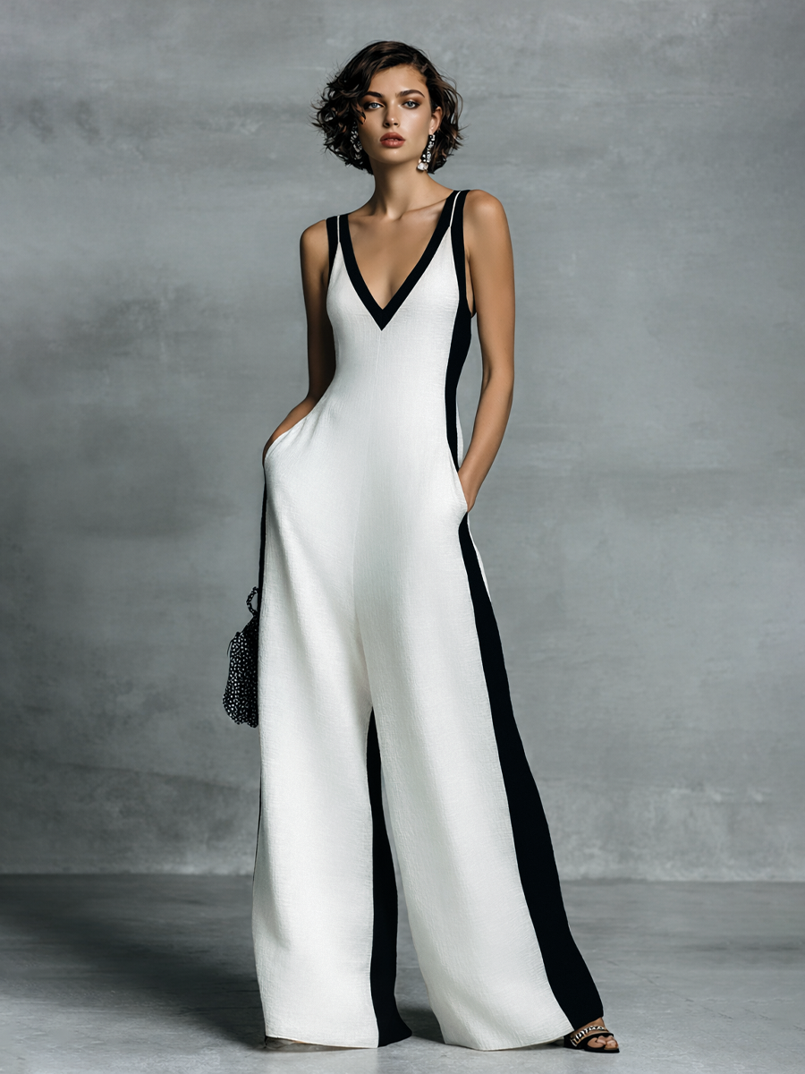 Damenmode Schwarz und Weiß Baumwolle Leinen Dünne Riemen Jumpsuit