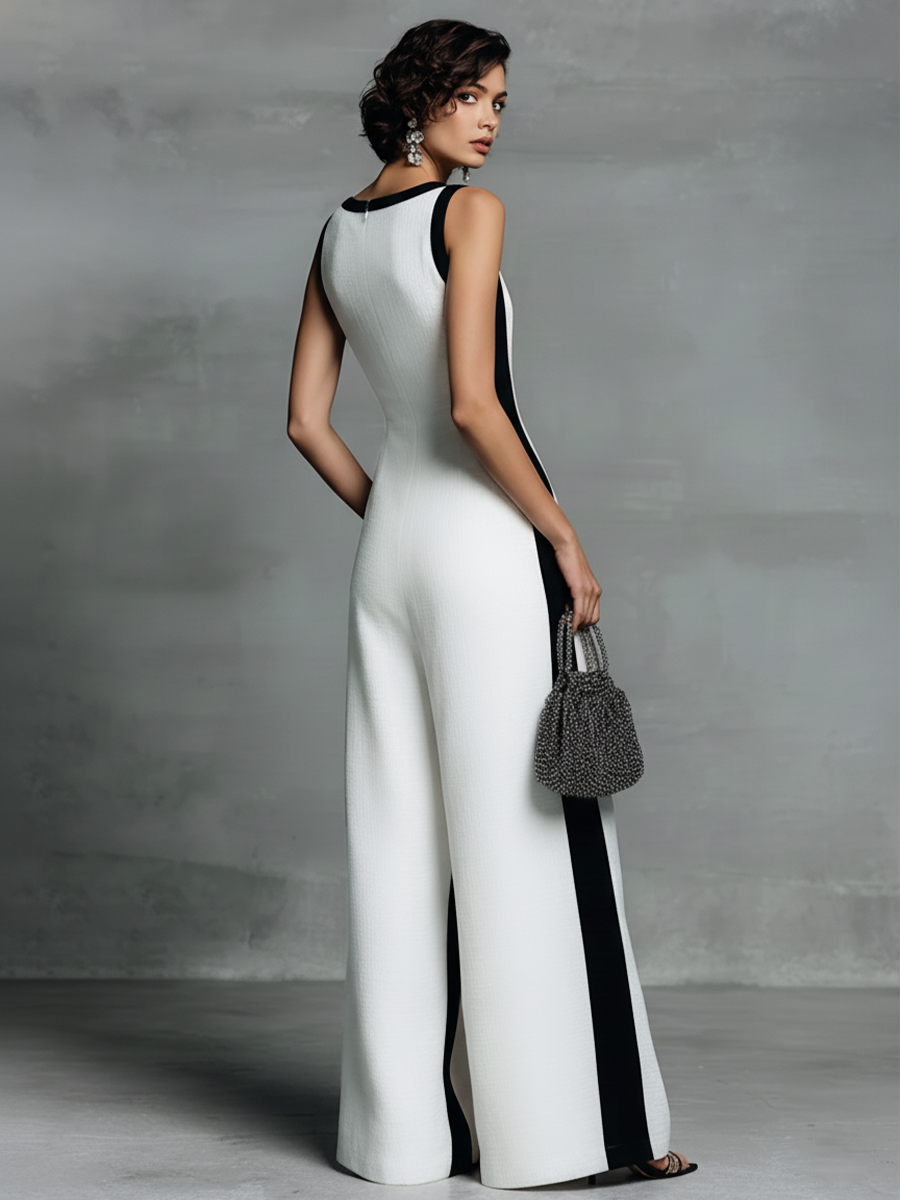 Damenmode Schwarz und Weiß Baumwolle Leinen Dünne Riemen Jumpsuit