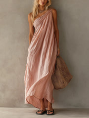 Vestido maxi elegante, sem mangas, com design de um ombro só
