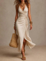 Tatiana | Vestido natural com decote transpassado e renda