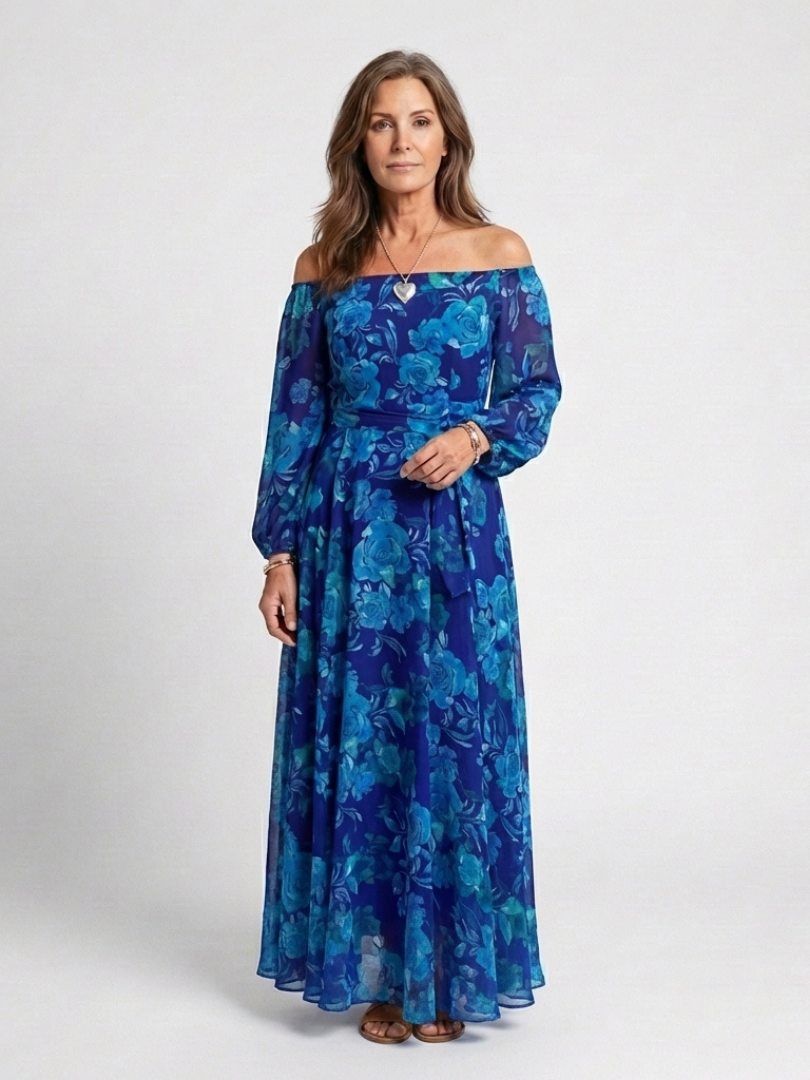 Aspen | Schulterfreies Maxikleid mit Blumenmuster