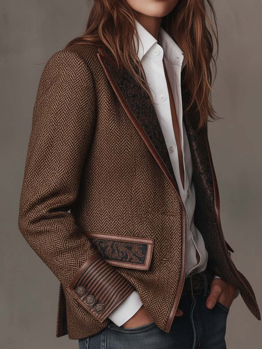 Blazer com Padrão Espinha de Peixe e Aplicações Estampadas para Mulher