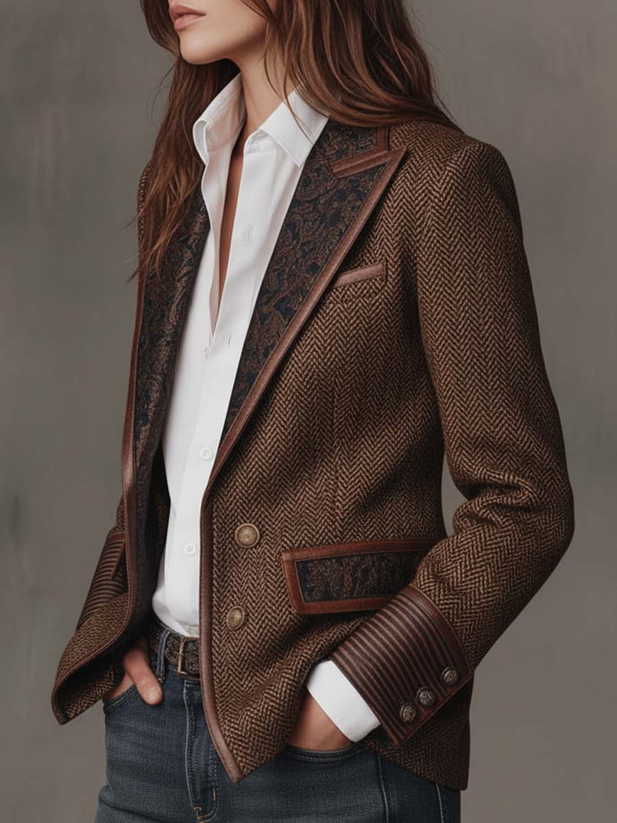 Blazer com Padrão Espinha de Peixe e Aplicações Estampadas para Mulher