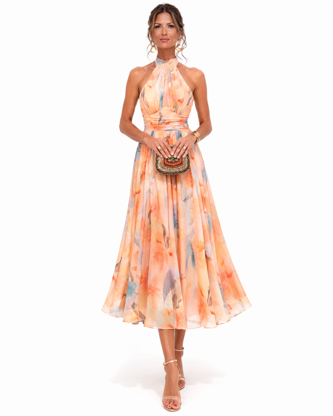 Aurora | Vestido com decote halter e estampado em aquarela