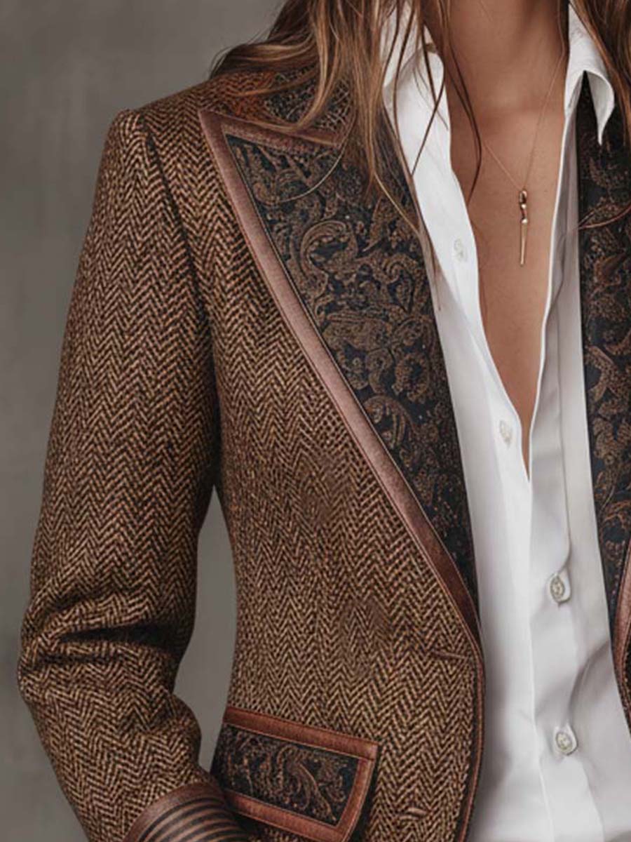 Blazer com Padrão Espinha de Peixe e Aplicações Estampadas para Mulher