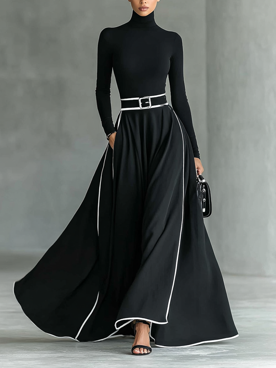 Vestido Maxi Preto com Costuras Brancas, Gola Subida, Mangas Compridas e Corte Justo
