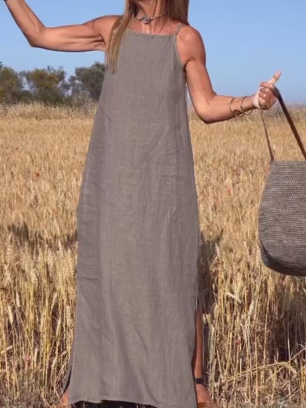 Lässiges langes Kleid aus Baumwolle und Leinen für Frauen