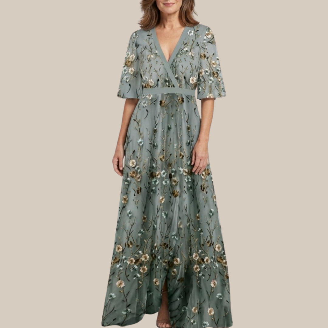 EVADNE™ | Floral V-Ausschnitt Kurzärmeliges Maxikleid