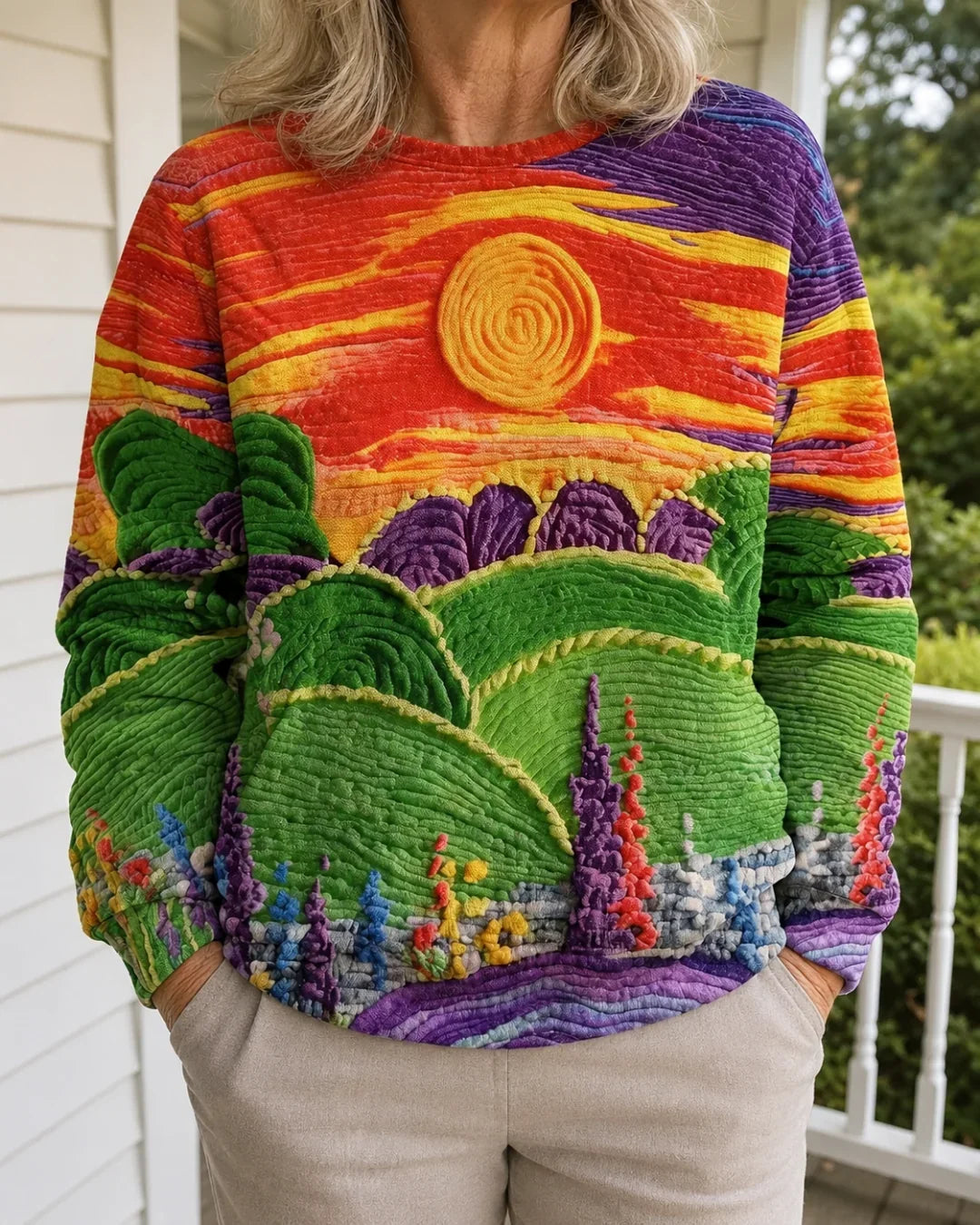 Ravella | Camisola de Corte Descontraído com Paisagem em Raios de Sol