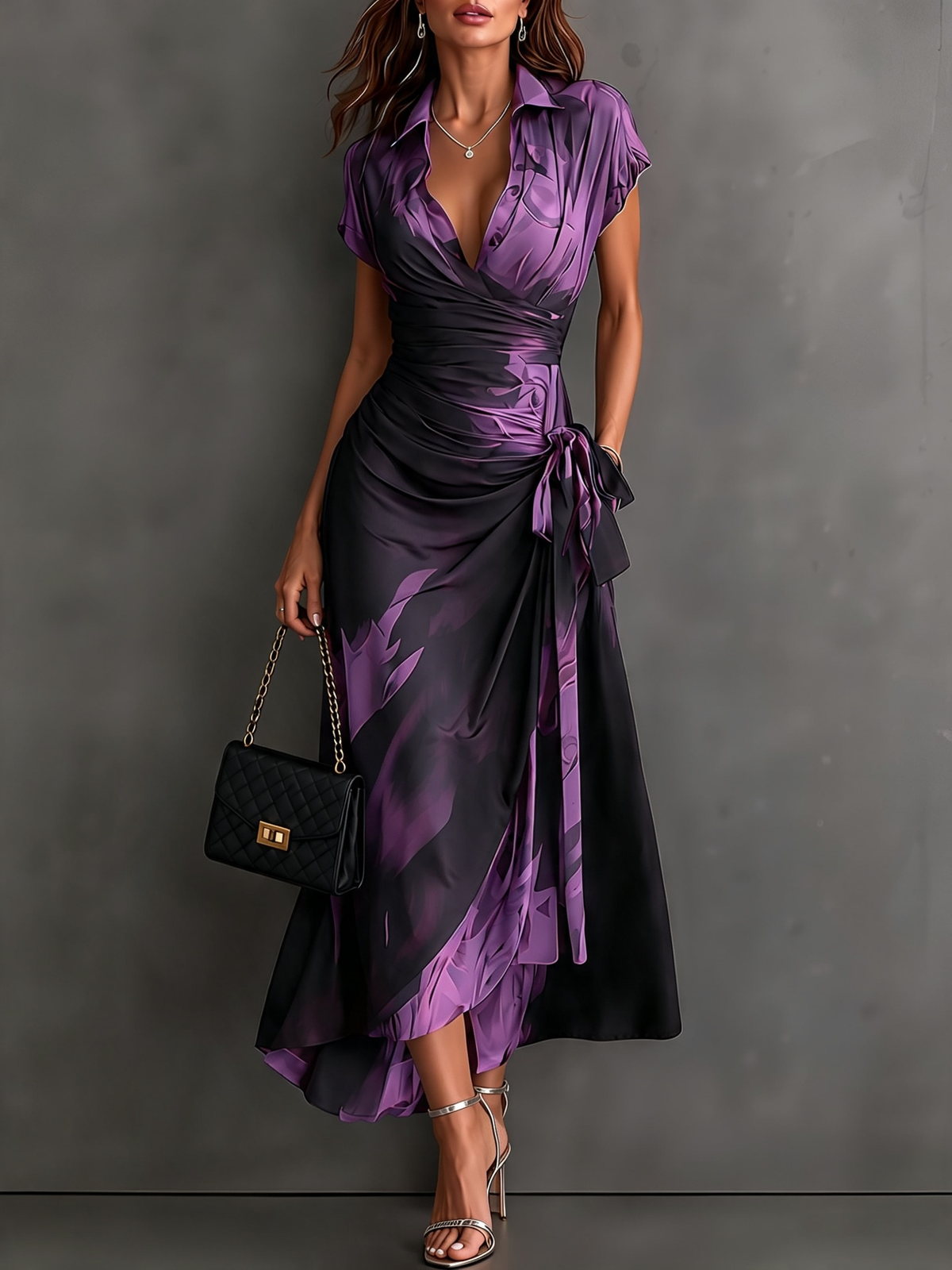 Vestido midi estampado estilo transpassado com decote em V