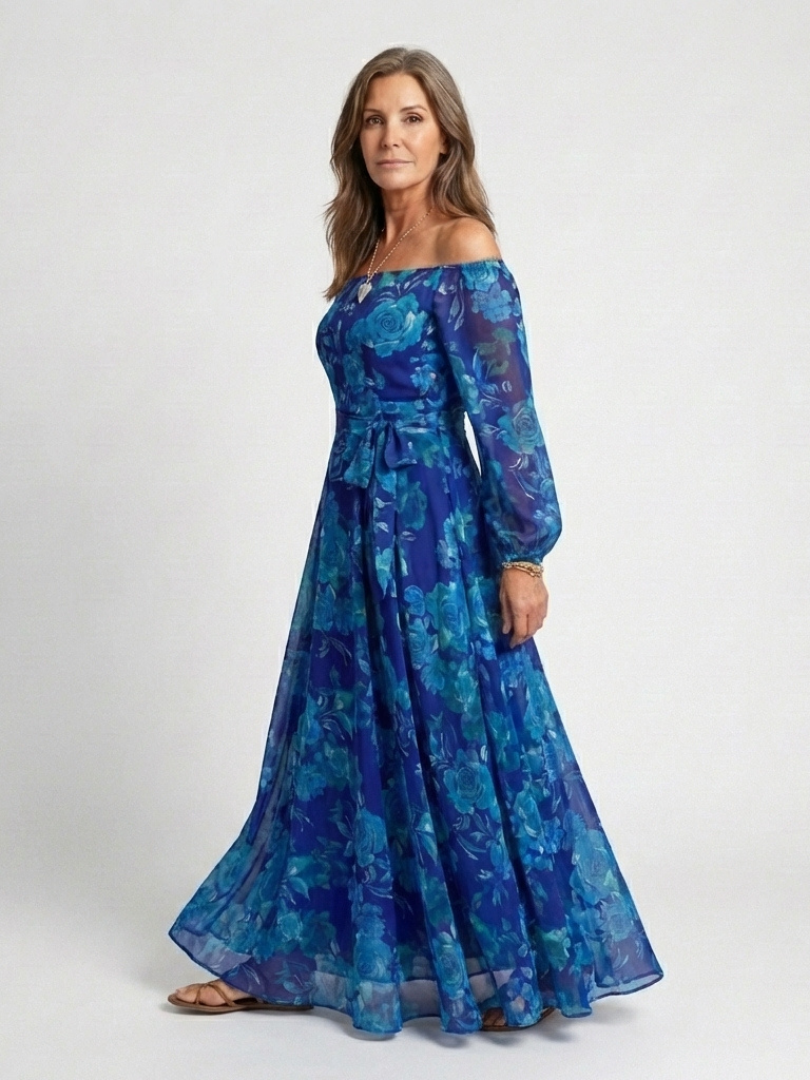 Aspen | Schulterfreies Maxikleid mit Blumenmuster