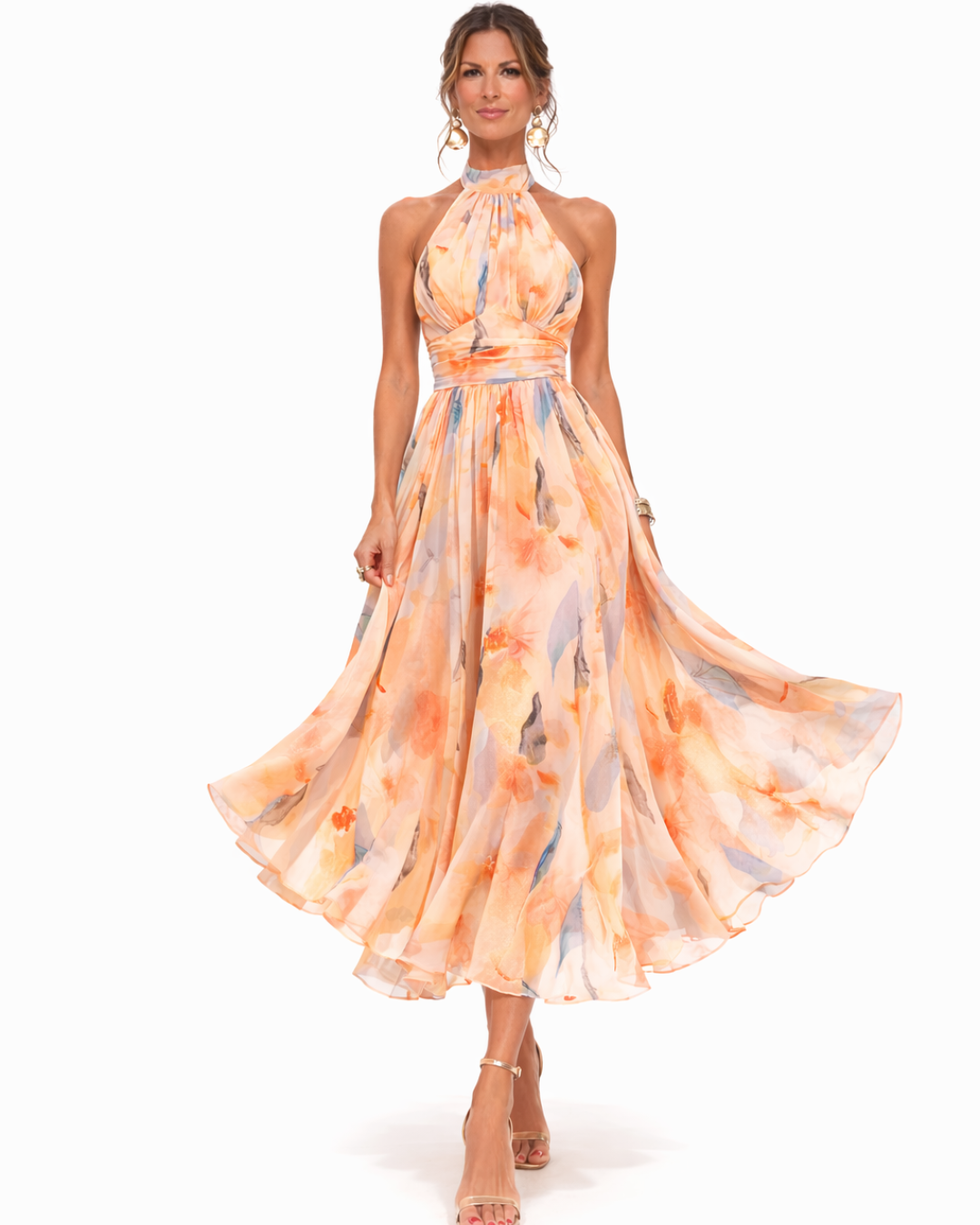 Aurora | Vestido com decote halter e estampado em aquarela