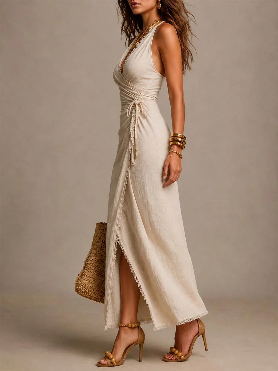 Tatiana | Vestido natural com decote transpassado e renda