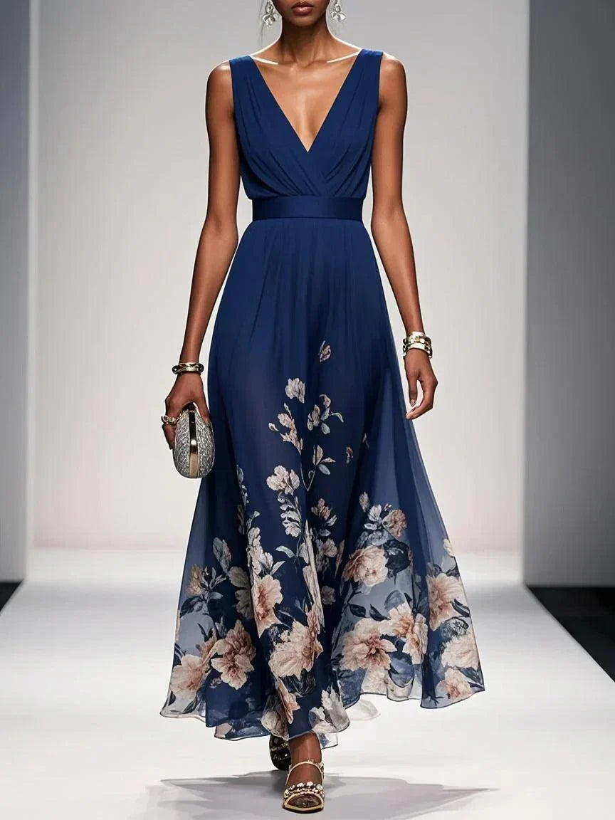 Rose | Hellblaues geblümtes Chiffon-Maxikleid mit V-Ausschnitt