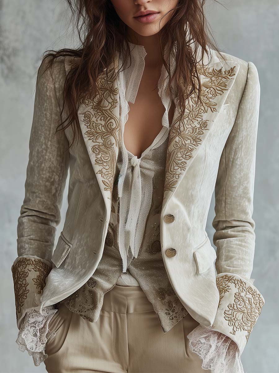 Blazer Entalhado em Marfim com Bordado para Mulher
