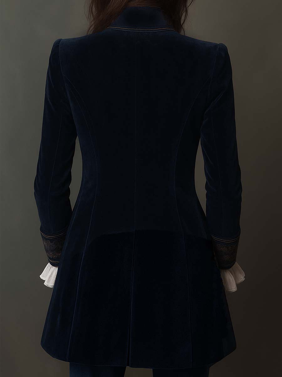 Casaco Comprido Vintage em Azul-Marinho com Bordado para Mulher
