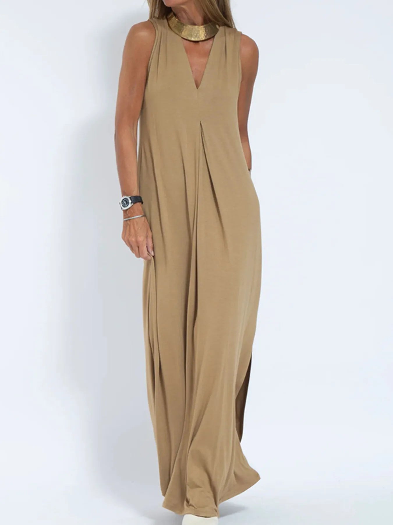 V-Ausschnitt ärmelloses Maxikleid mit Schlitz in Übergröße