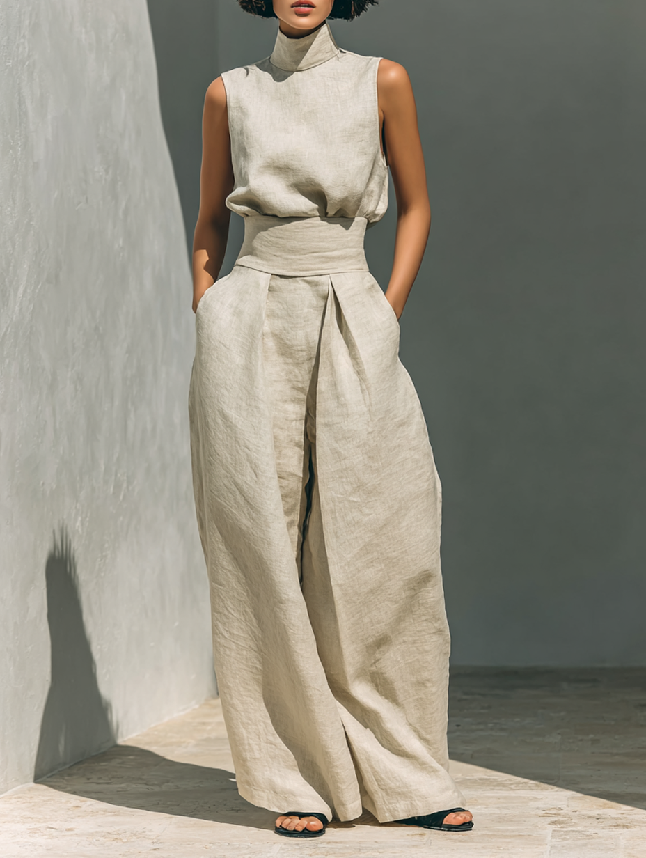 Set aus ärmelloser Bluse und Hose mit weitem Bein aus einer Baumwoll- und Leinenmischung