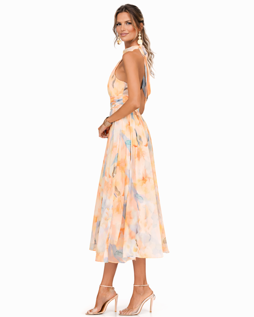 Aurora | Vestido com decote halter e estampado em aquarela