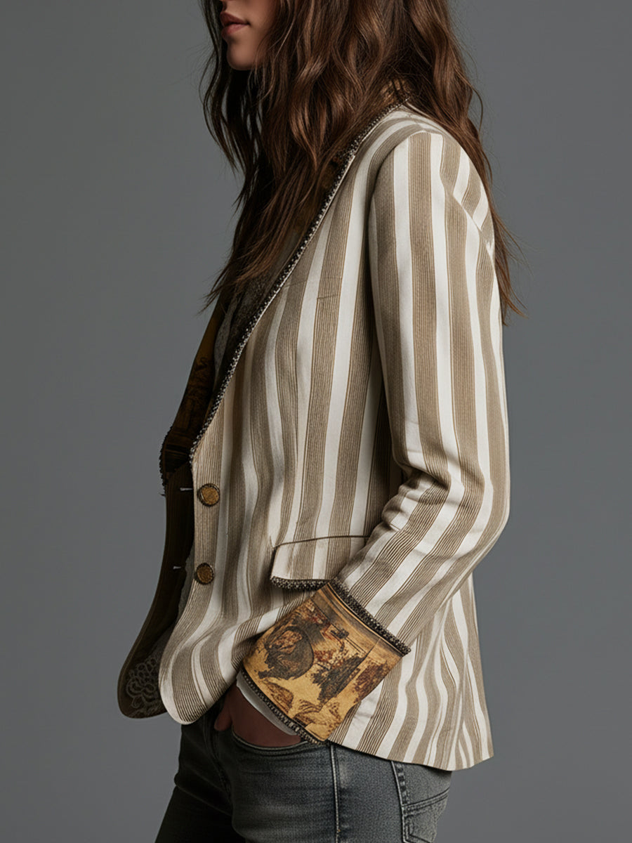 Blazer Boho com Padrão de Riscas e Lapela Estampada para Mulher