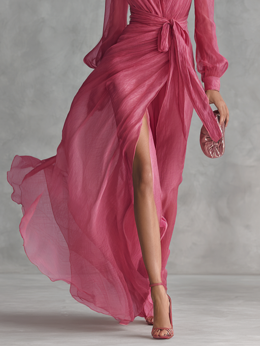 Elegantes rosafarbenes Perlen-Chiffon-Kleid mit V-Ausschnitt und langer Taille