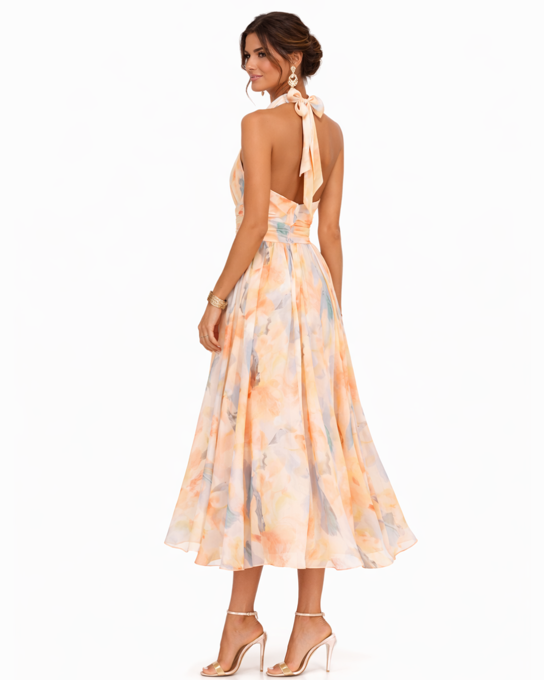 Aurora | Vestido com decote halter e estampado em aquarela