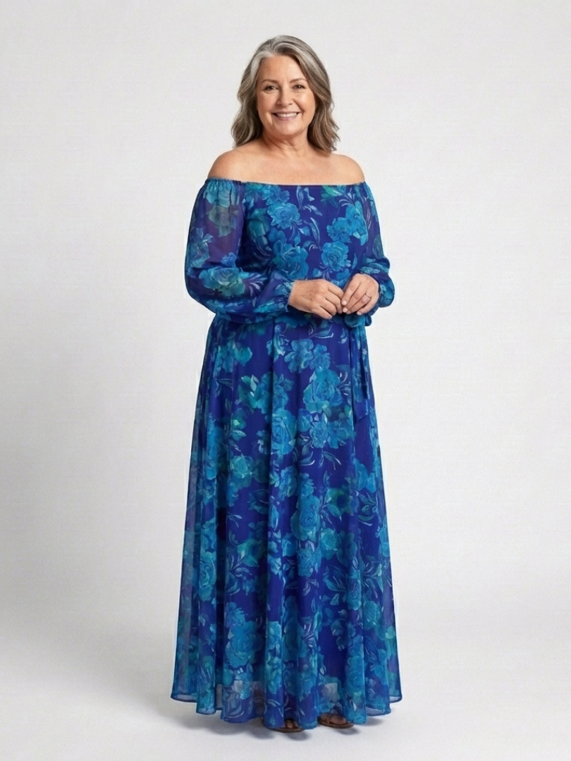 Aspen | Schulterfreies Maxikleid mit Blumenmuster