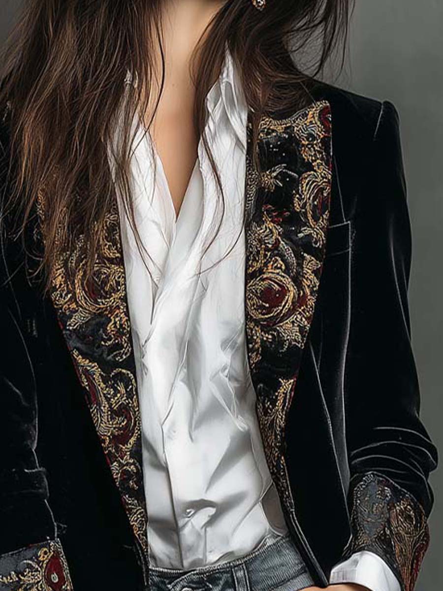 Blazer Slim-Fit Preto com Padrão Barroco e Lapela para Mulher