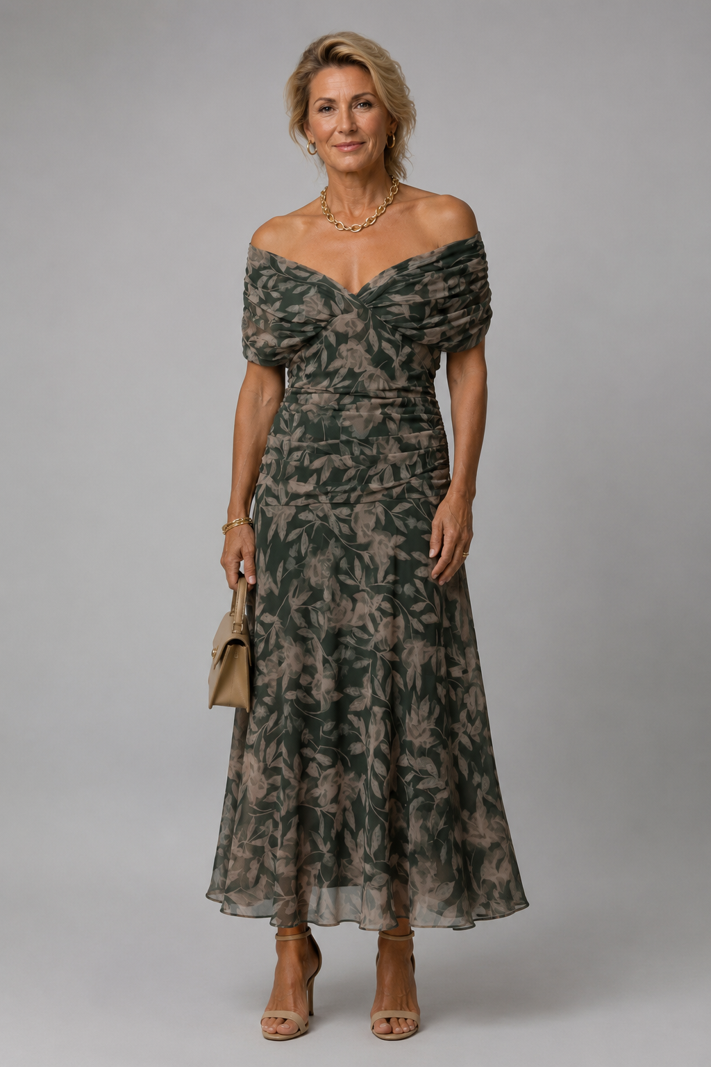 Ariane | Vestido Midi Drapeado de Ombros Descobertos