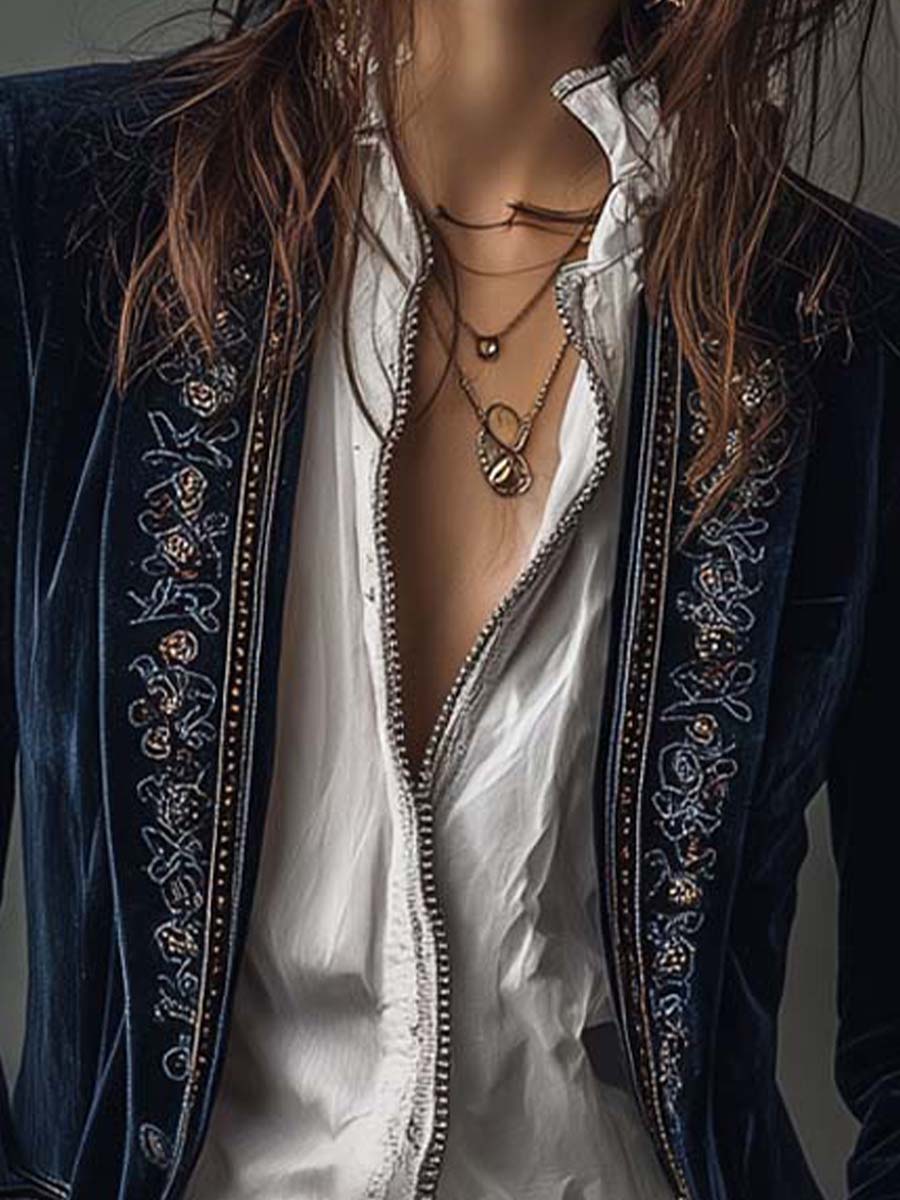 Casaco Comprido Vintage em Azul-Marinho com Bordado para Mulher