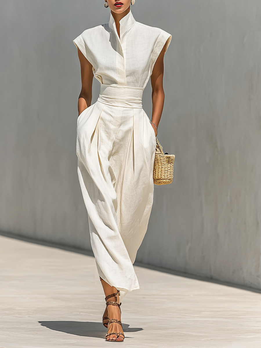 Damen Reine Baumwolle Revers Ärmel Taille Maxi Kleid
