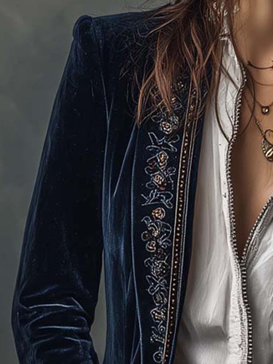 Casaco Comprido Vintage em Azul-Marinho com Bordado para Mulher