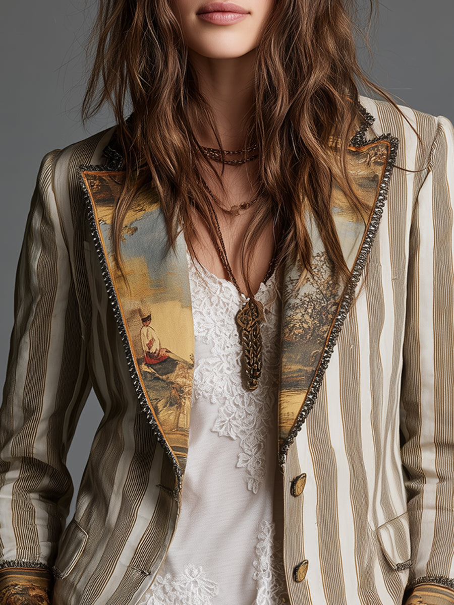 Blazer Boho com Padrão de Riscas e Lapela Estampada para Mulher