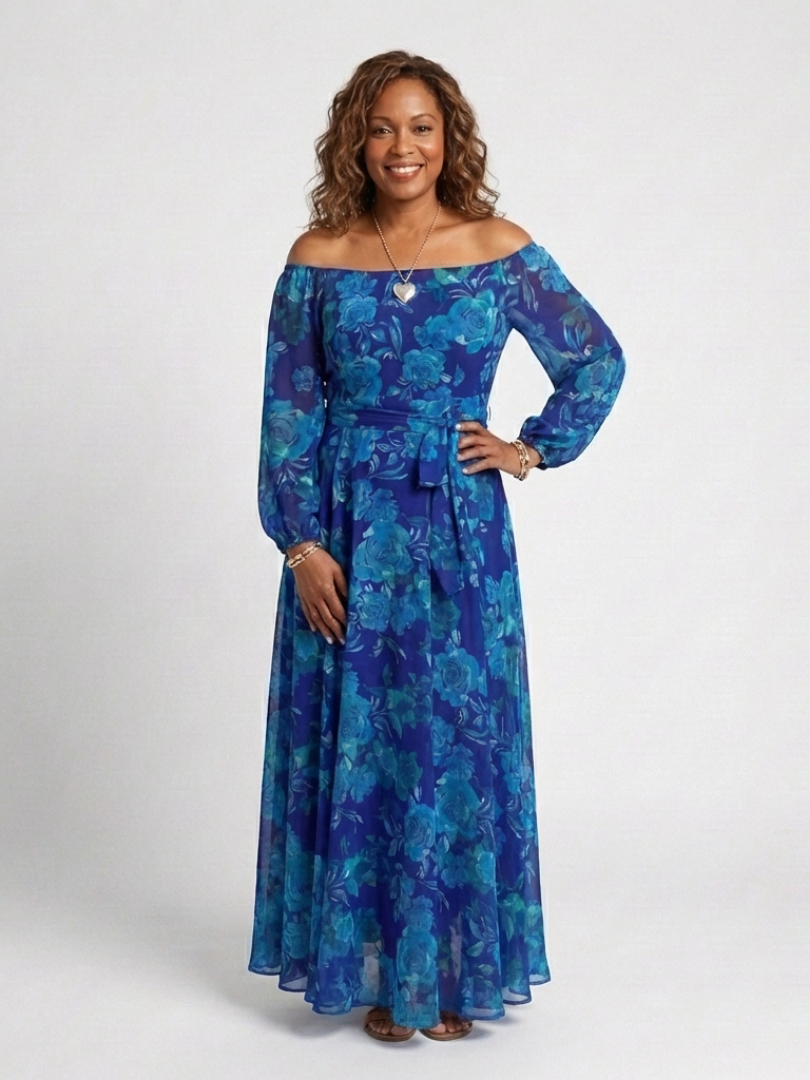 Aspen | Schulterfreies Maxikleid mit Blumenmuster