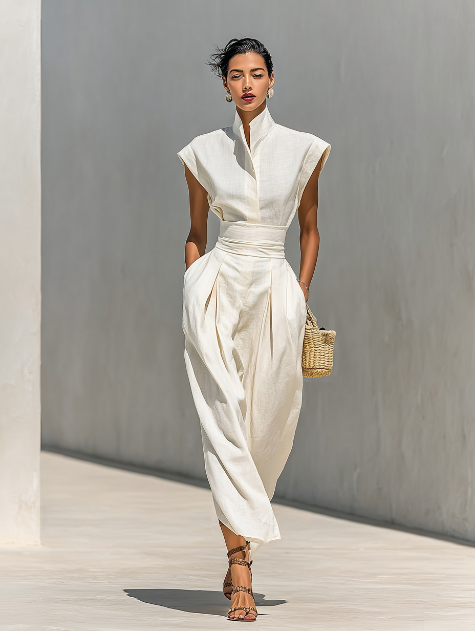 Damen Reine Baumwolle Revers Ärmel Taille Maxi Kleid