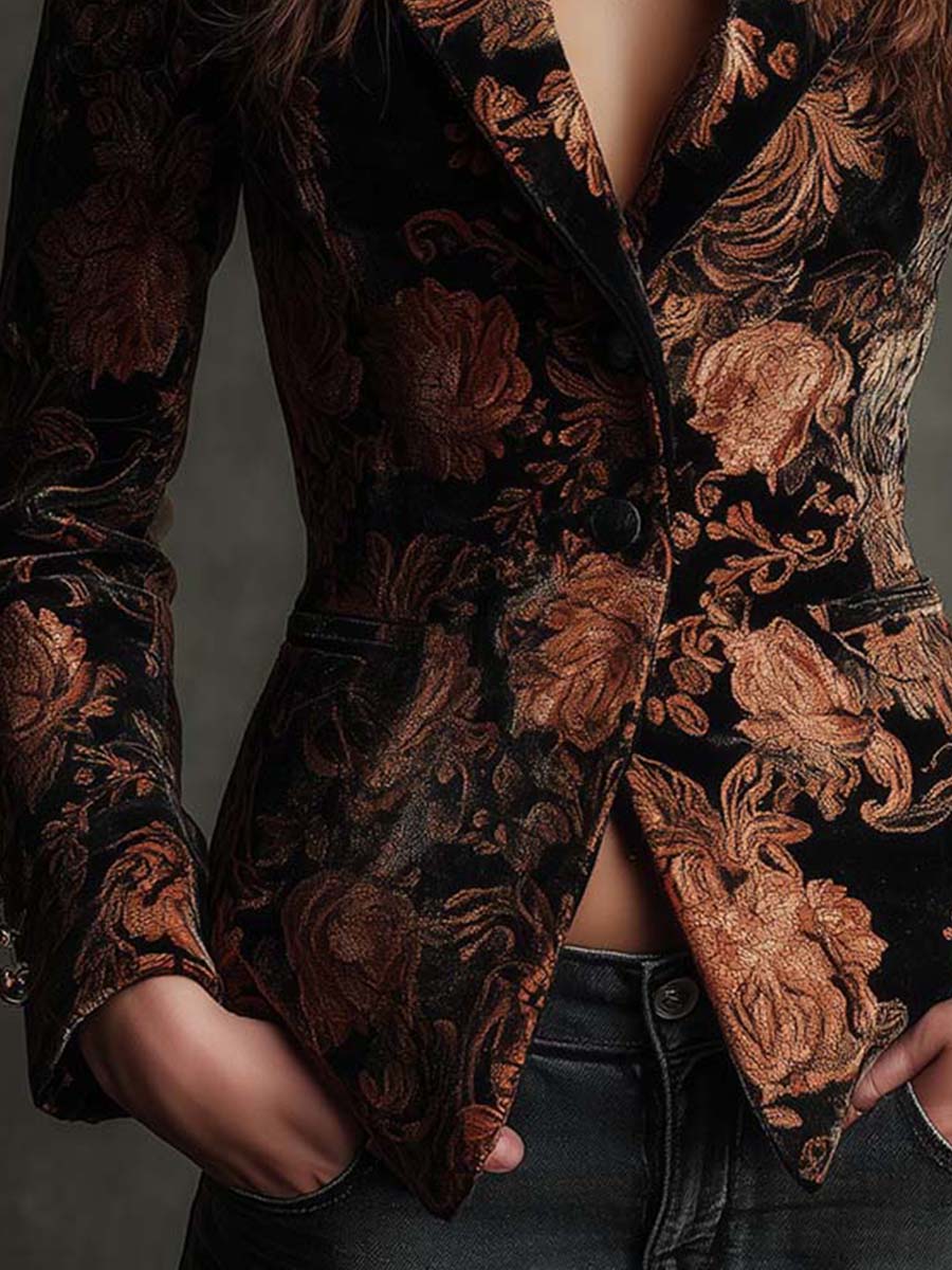 Blazer Entalhado Preto e Bronze com Padrão Floral para Mulher