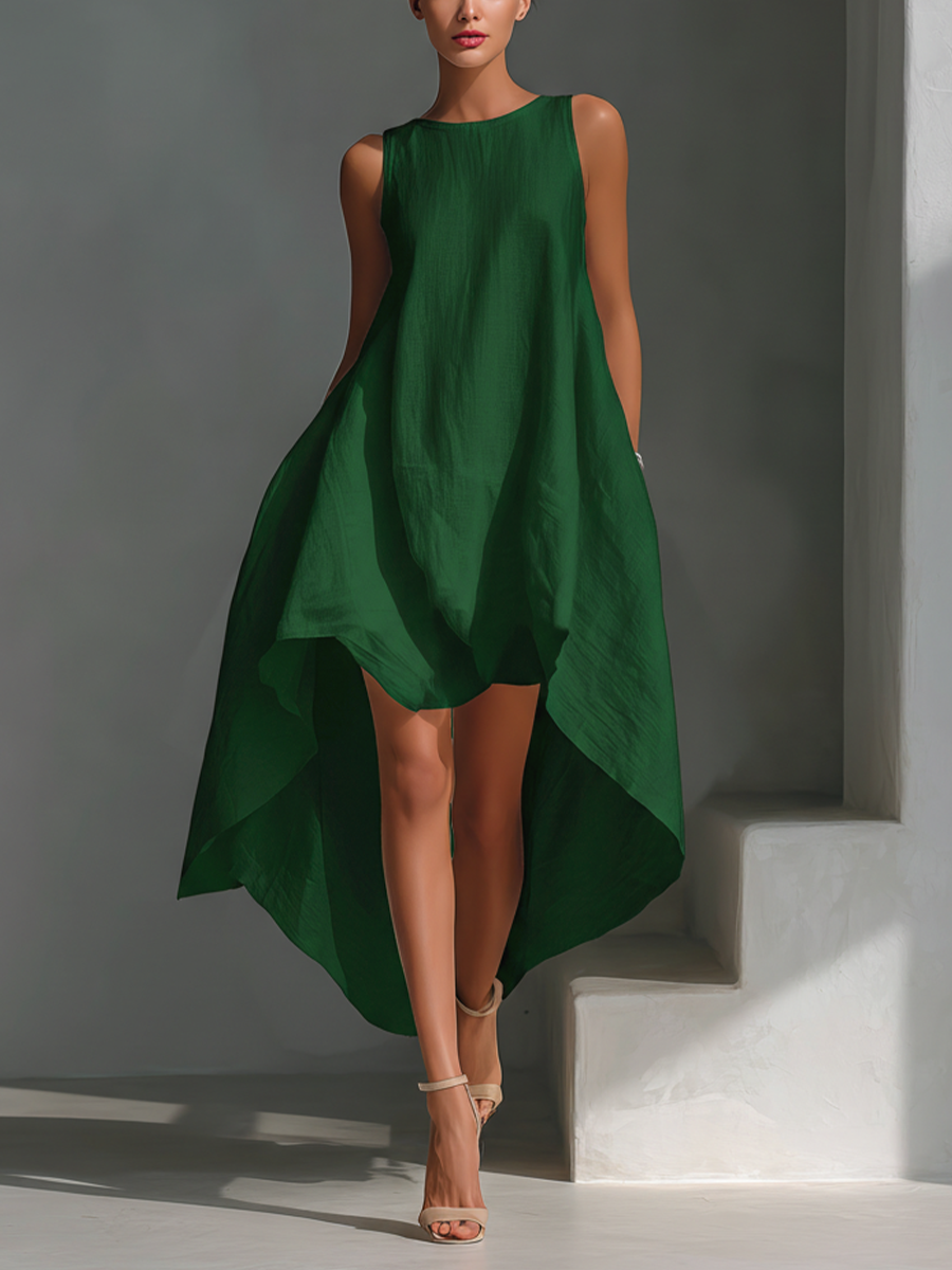 Weißes Midikleid aus Leinen mit Rundhalsausschnitt für Frauen