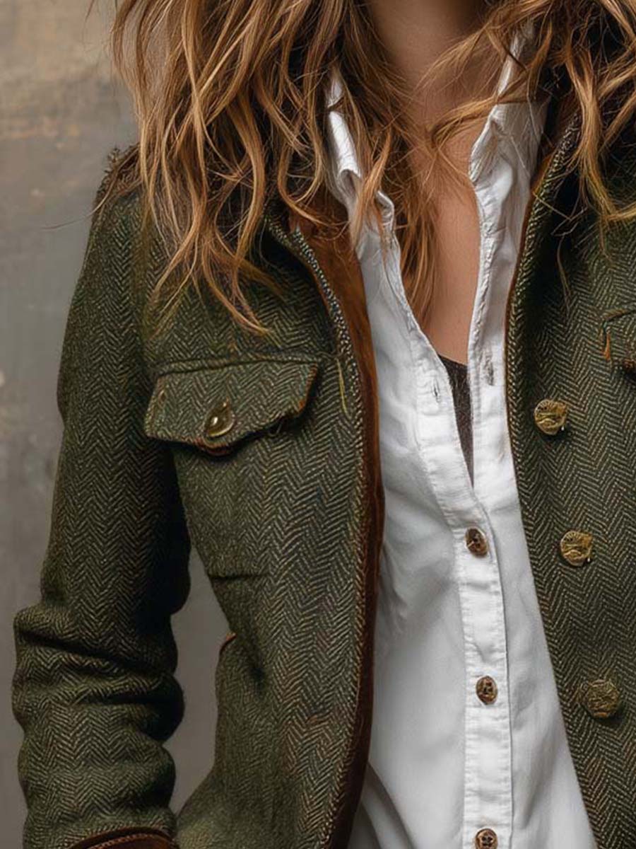 Blazer Vintage com Padrão Espinha de Peixe e Remate de Contraste para Mulher